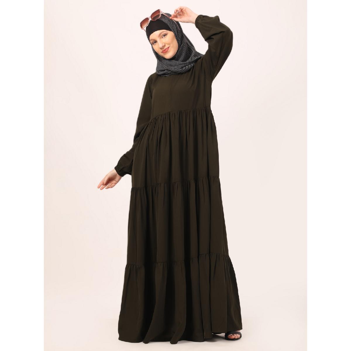 3 frilled design abaya-Olive Green image 5