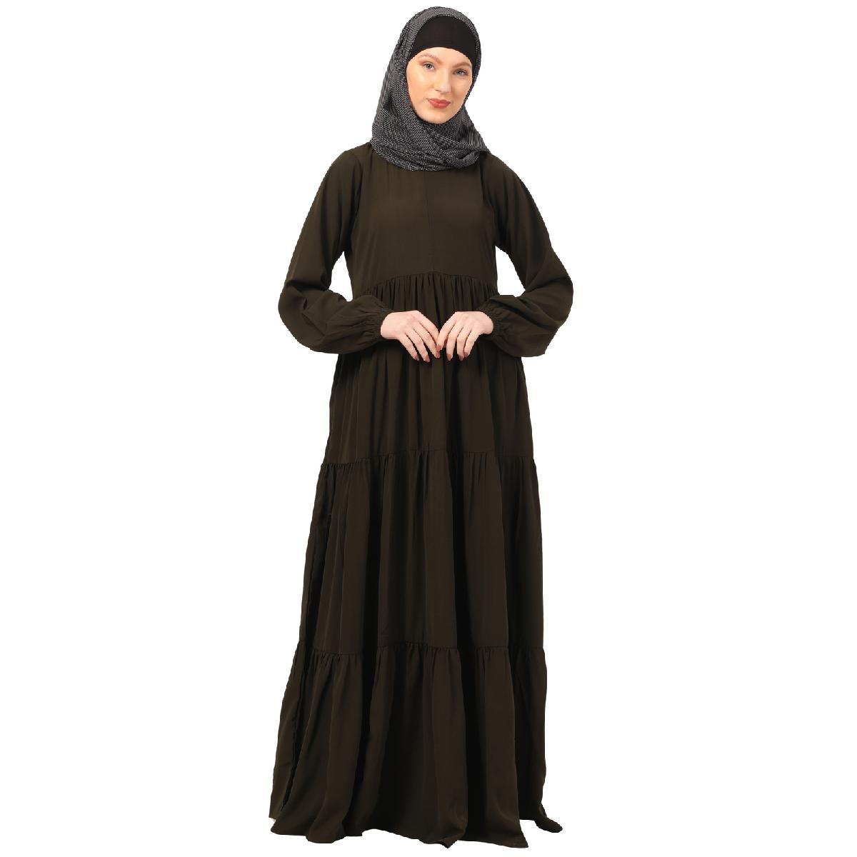 3 frilled design abaya-Olive Green