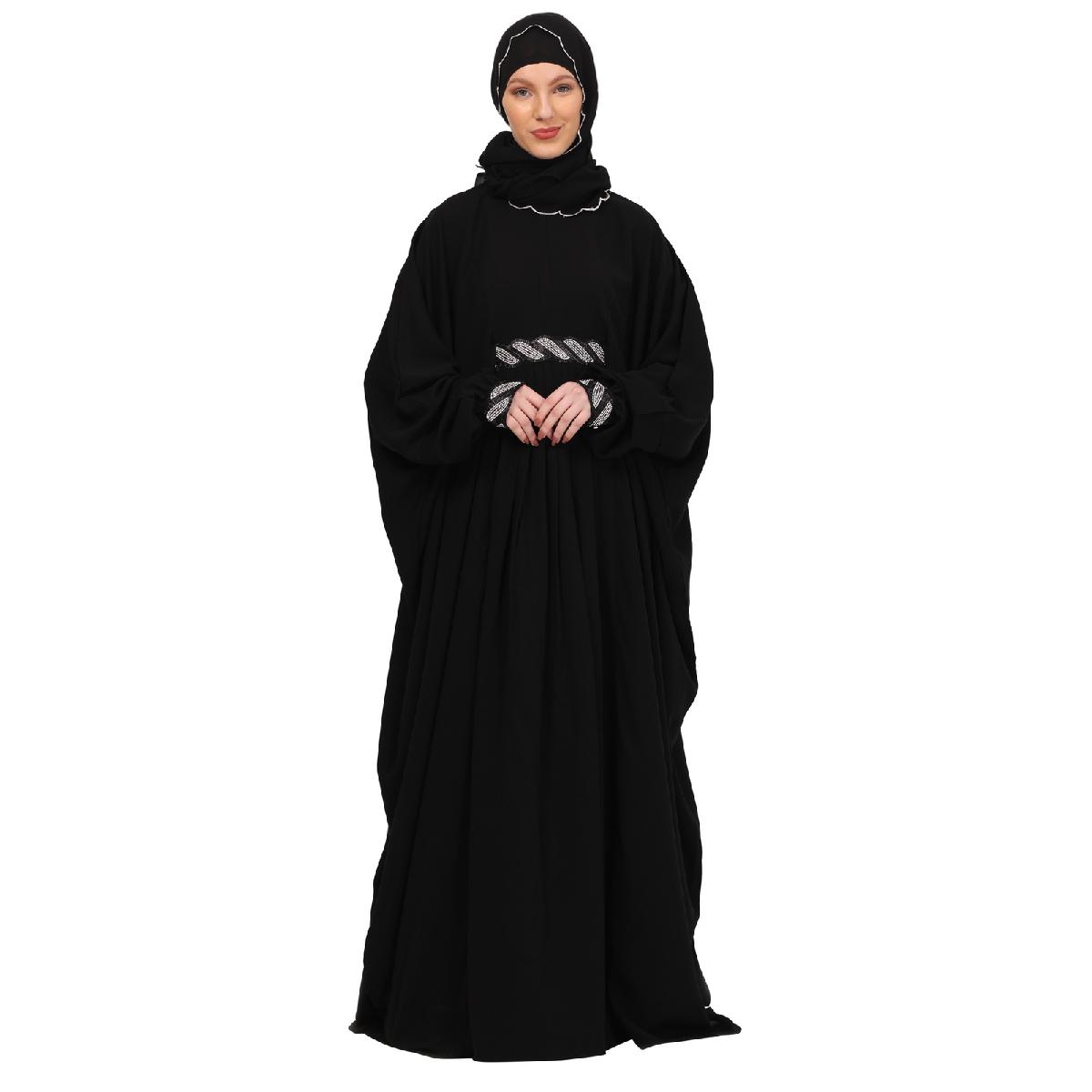 Adjustable waist Kaftan abaya with Sequence lace-Black image 13