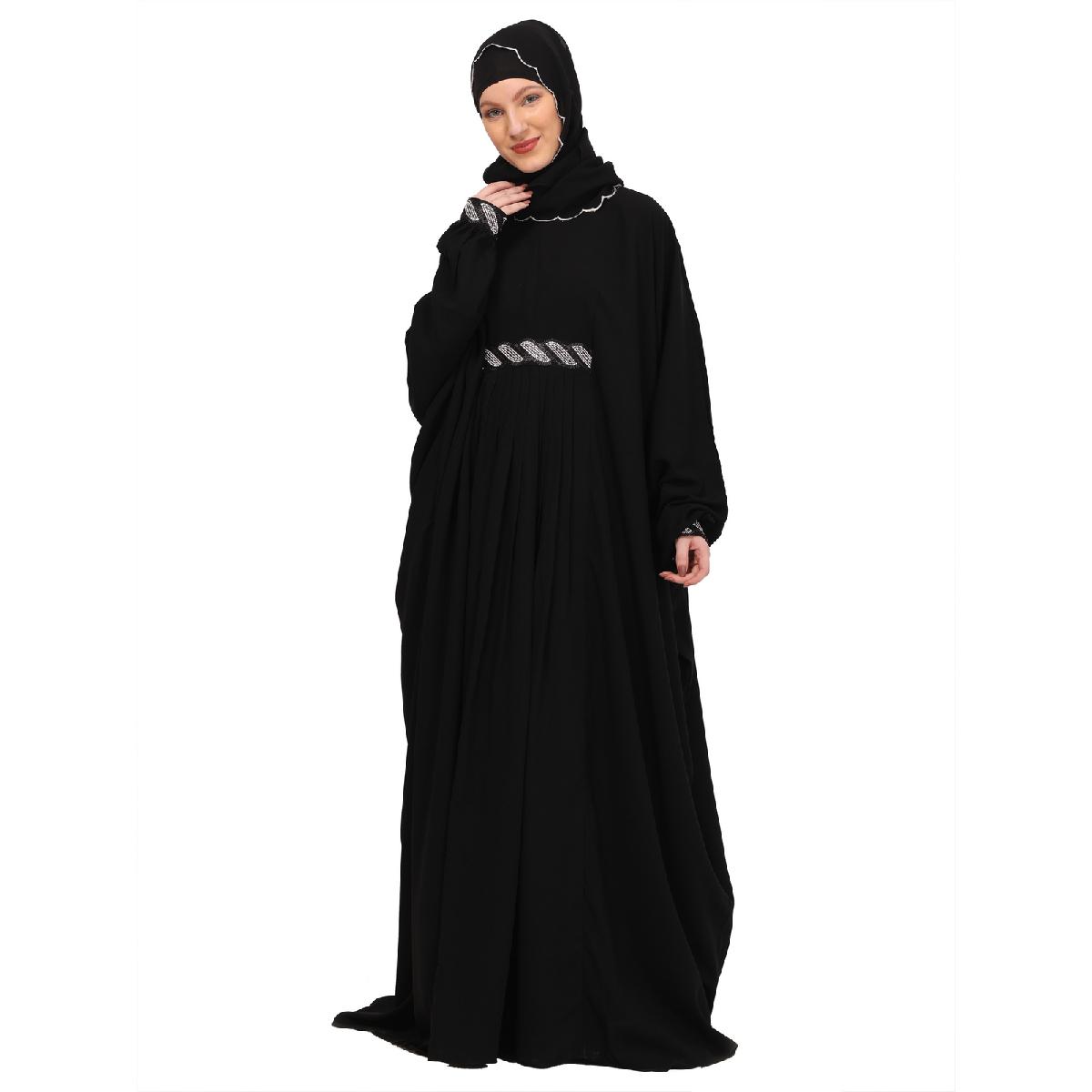 Adjustable waist Kaftan abaya with Sequence lace-Black image 14