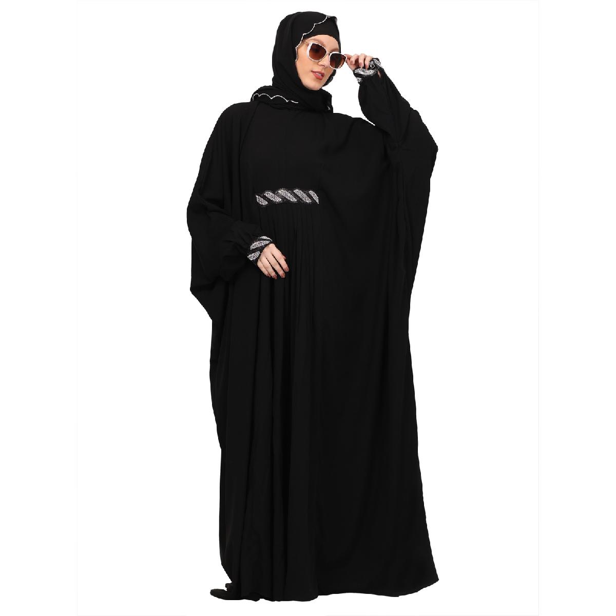 Adjustable waist Kaftan abaya with Sequence lace-Black image 15