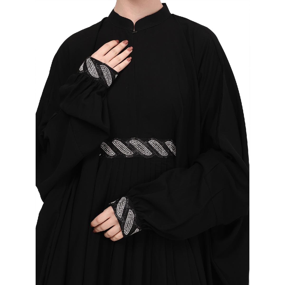 Adjustable waist Kaftan abaya with Sequence lace-Black image 10