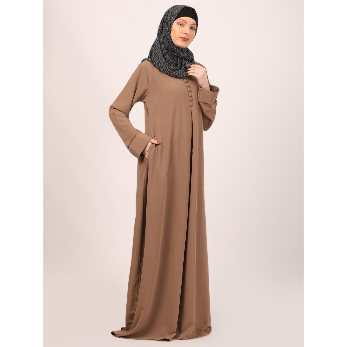 Box pleated abaya in CEY fabric-Beige image 10