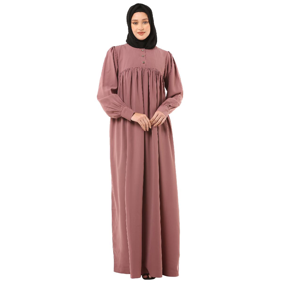 Casual cuff sleeves pleated abaya- Puce Pink
