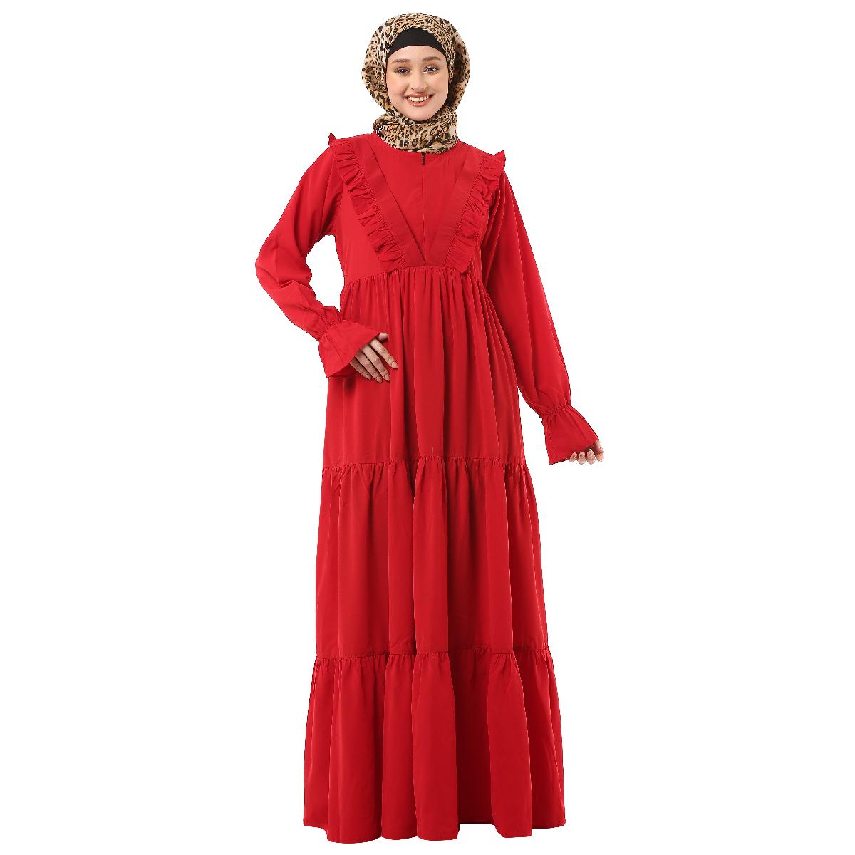 Designer 3 frilled maxi abaya- Red image 12