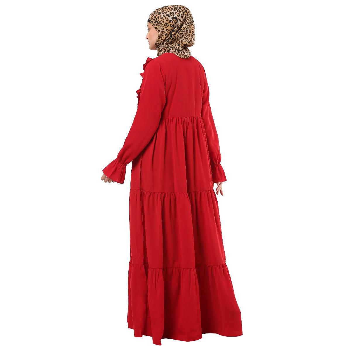 Designer 3 frilled maxi abaya- Red image 18