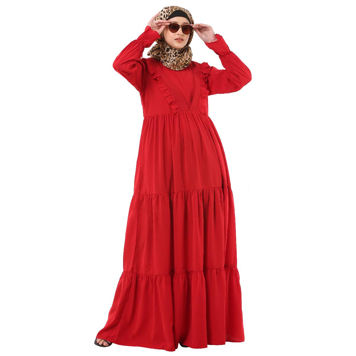 Designer 3 frilled maxi abaya- Red image 19