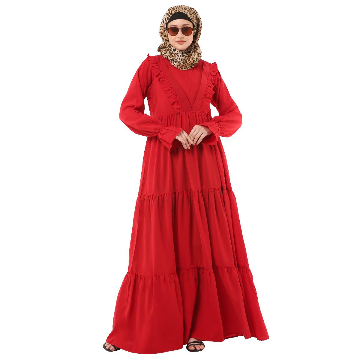 Designer 3 frilled maxi abaya- Red image 6