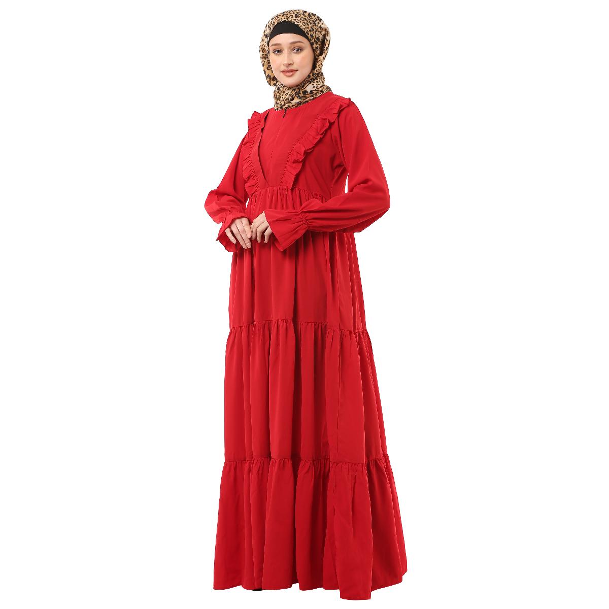 Designer 3 frilled maxi abaya- Red image 8