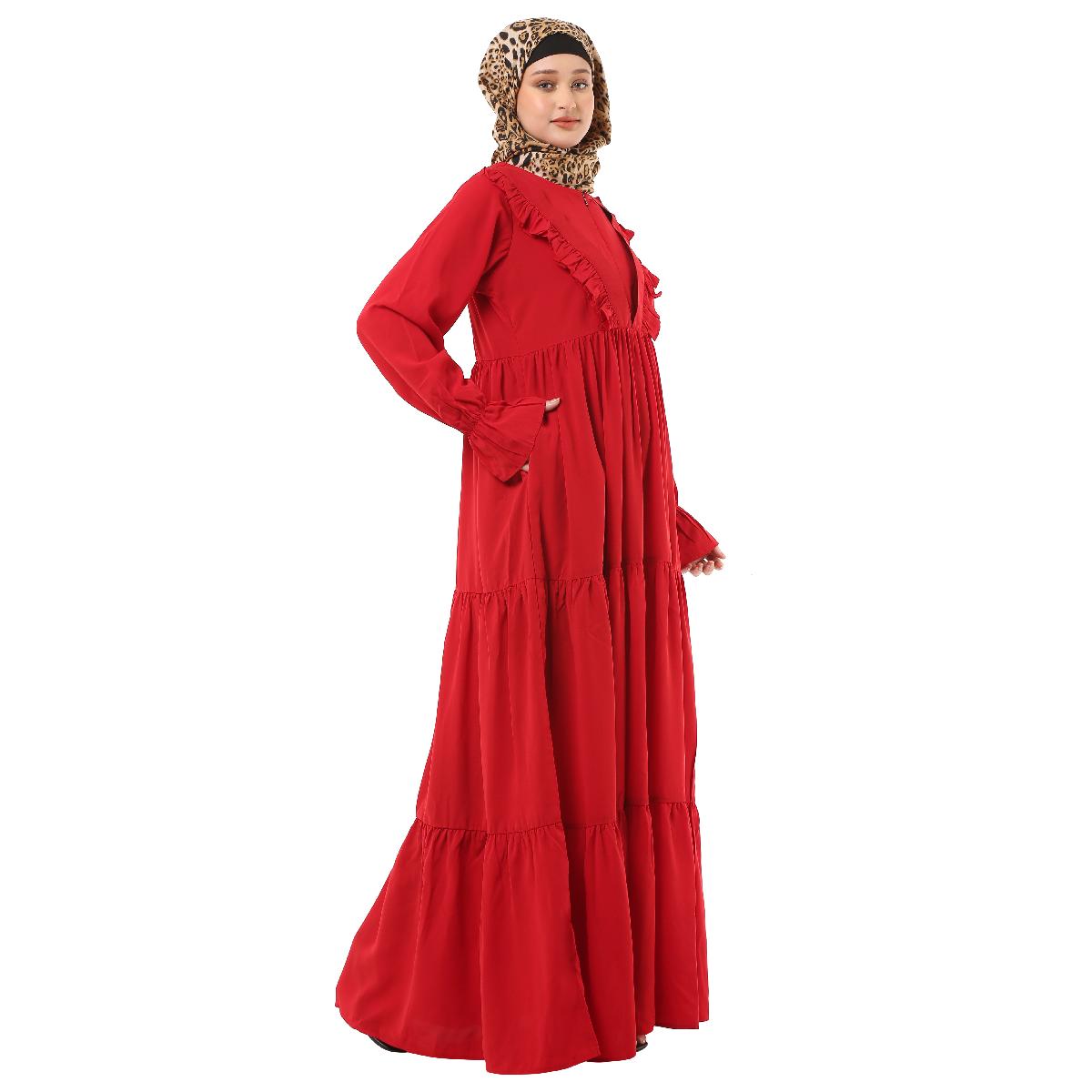 Designer 3 frilled maxi abaya- Red image 10