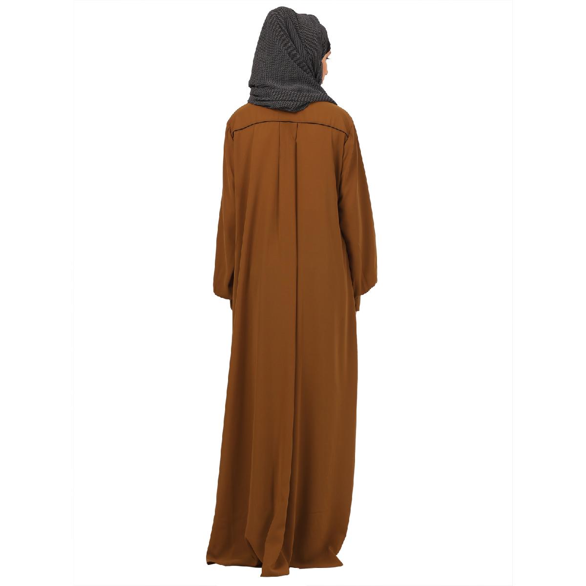 Designer Dress abaya with piping work-Mustard image 12