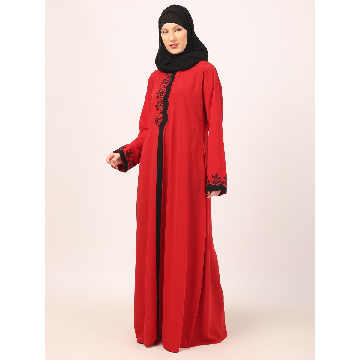 Elegant embroidery work abaya-Red image 18