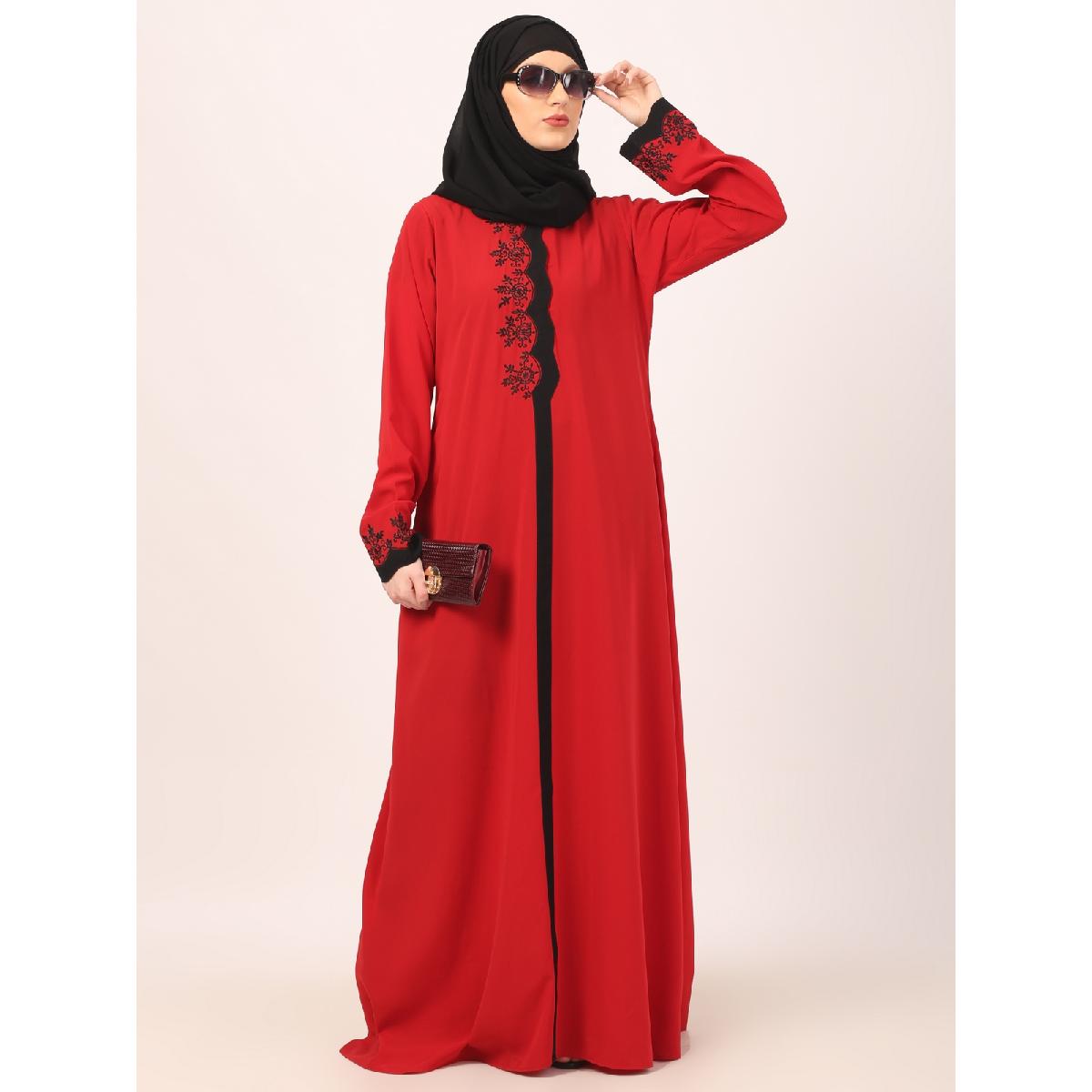 Elegant embroidery work abaya-Red image 6