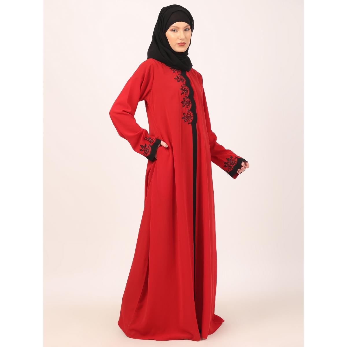 Elegant embroidery work abaya-Red image 8
