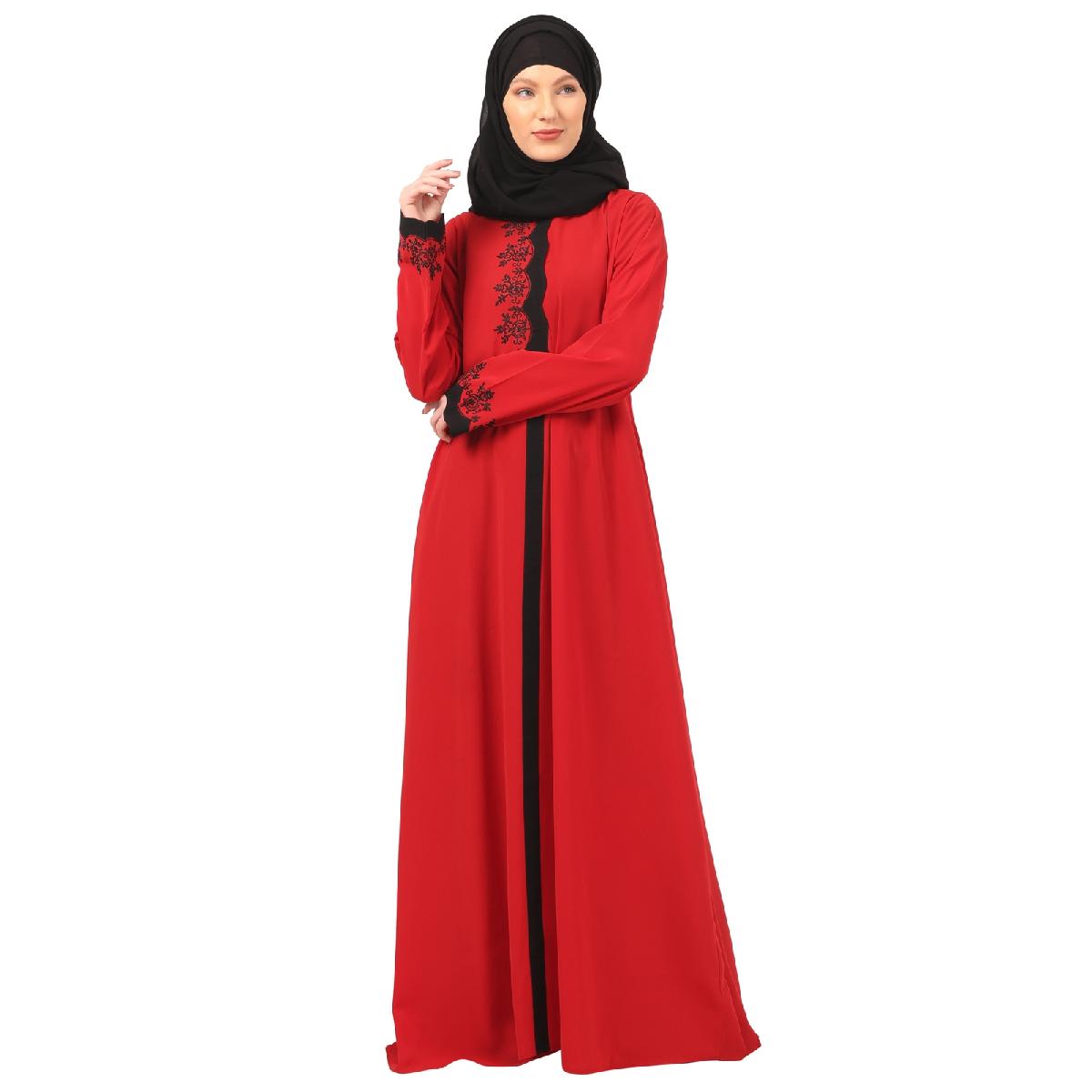 Elegant embroidery work abaya-Red