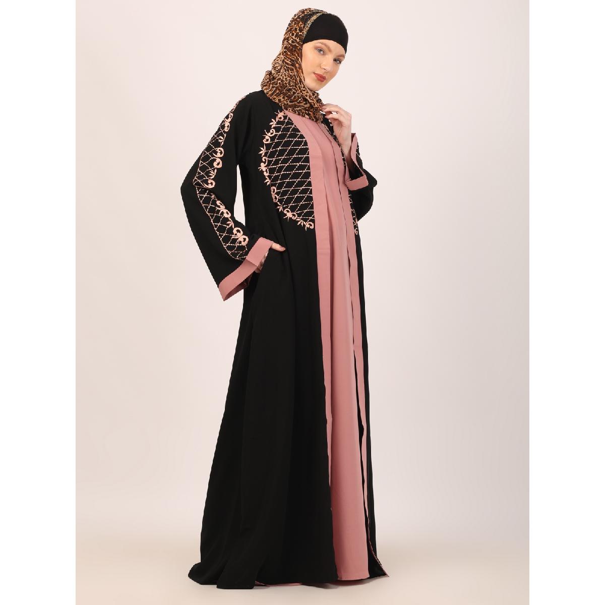 Embroidery Shrug with sleeveless inner abaya-Black-baby pink image 20