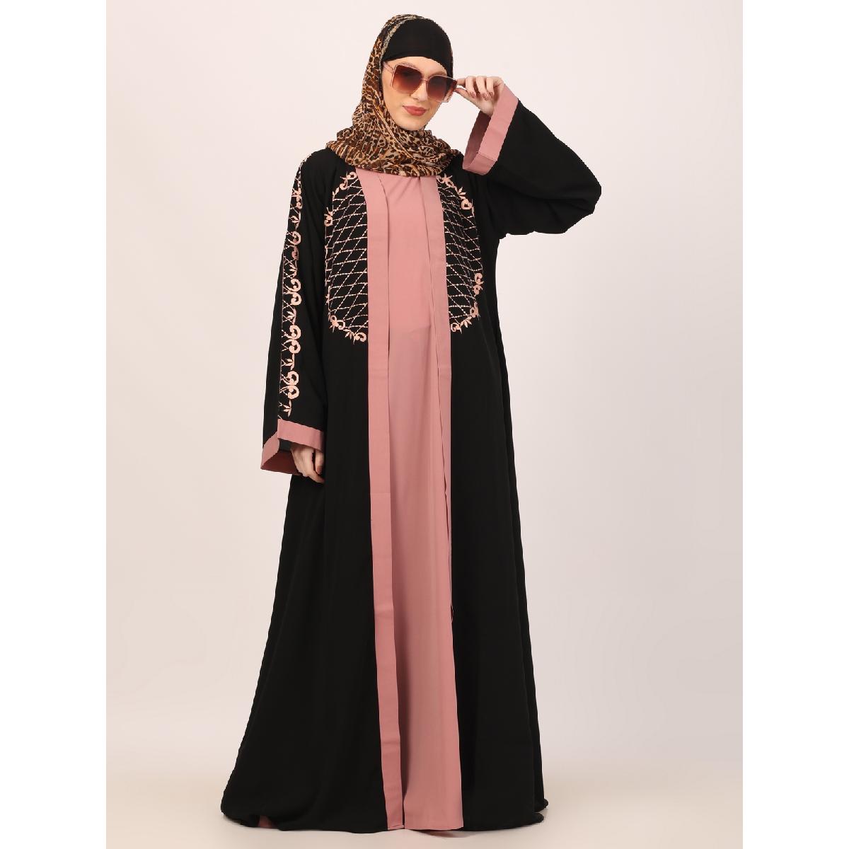 Embroidery Shrug with sleeveless inner abaya-Black-baby pink image 5