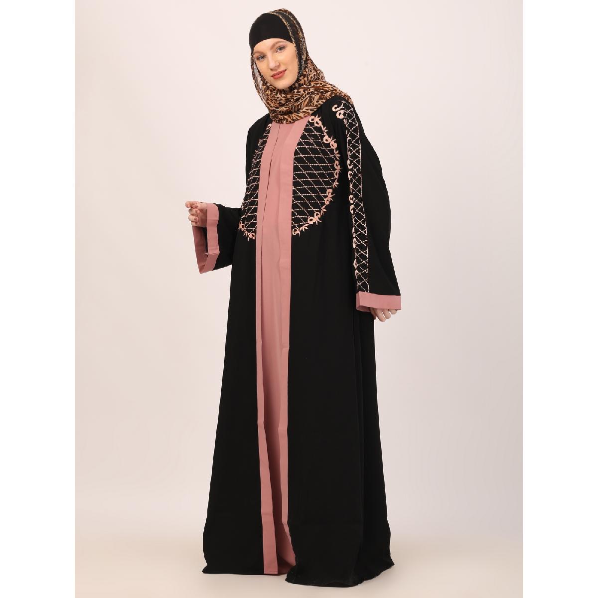 Embroidery Shrug with sleeveless inner abaya-Black-baby pink image 8