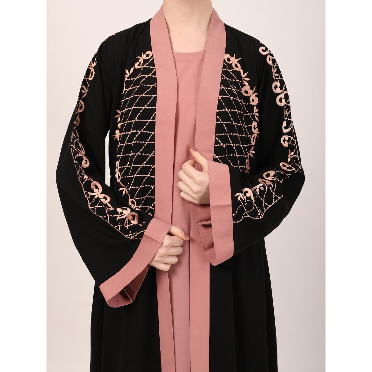 Embroidery Shrug with sleeveless inner abaya-Black-baby pink image 11