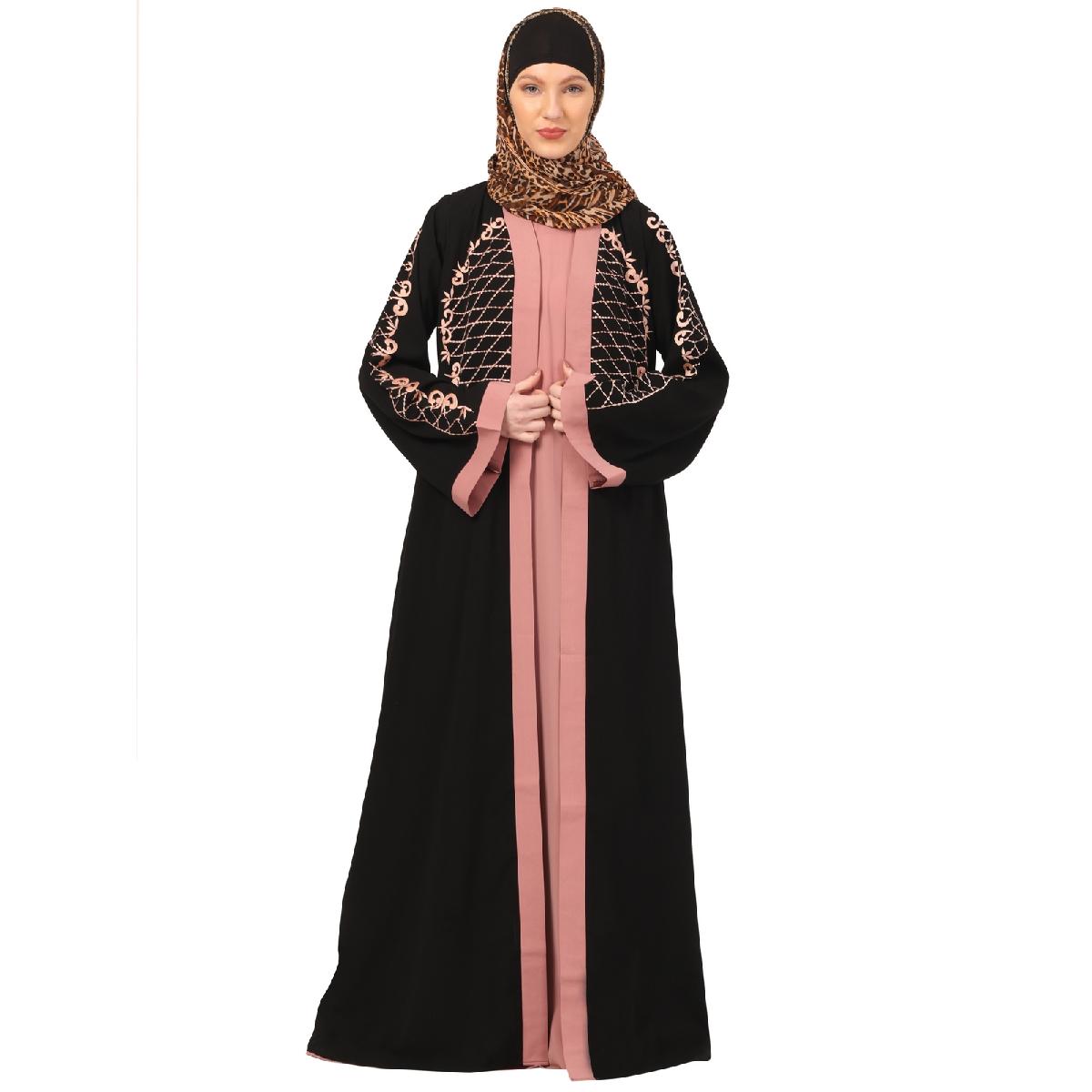 Embroidery Shrug with sleeveless inner abaya-Black-baby pink