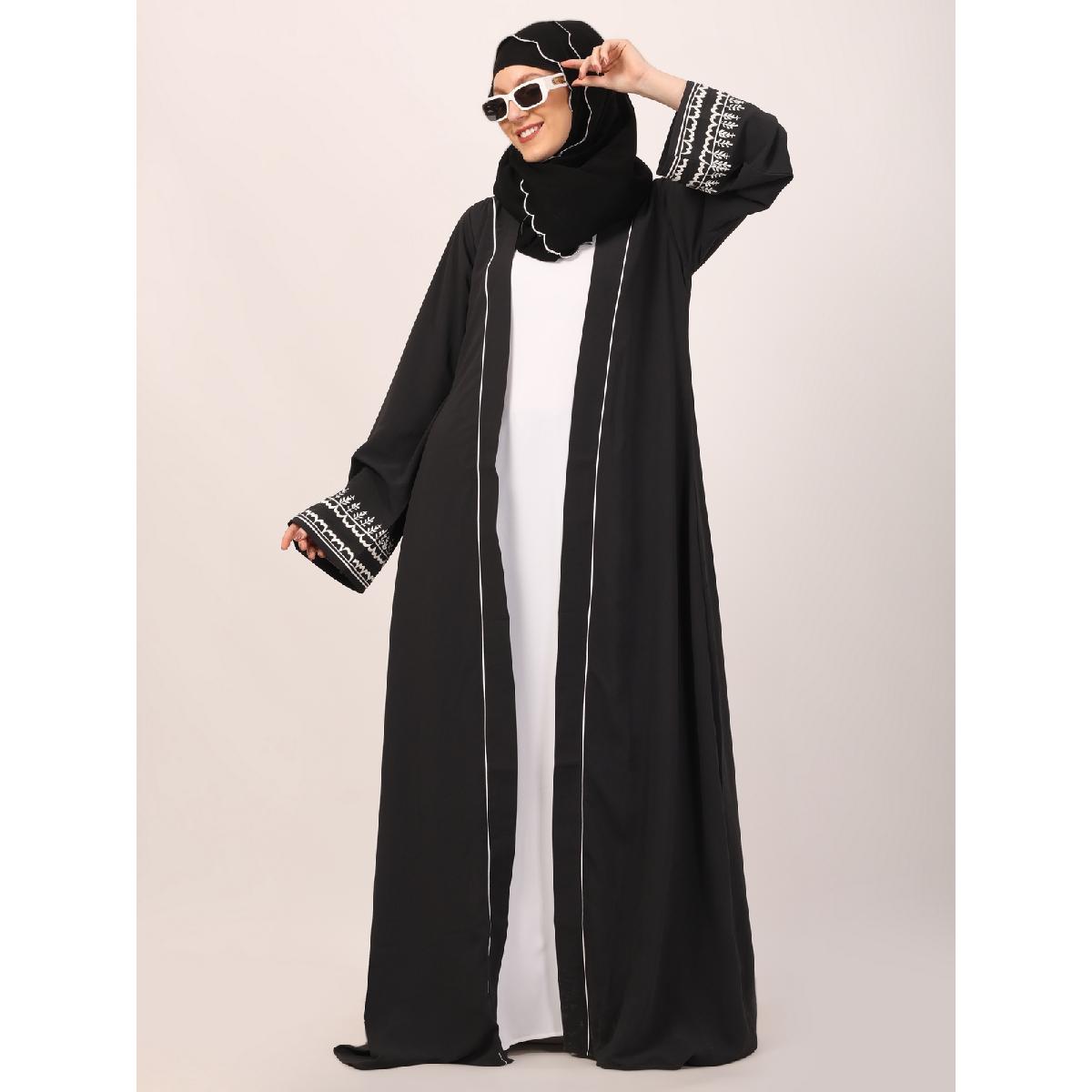 Embroidery Shrug with sleeveless inner abaya-Dark Grey-white image 4