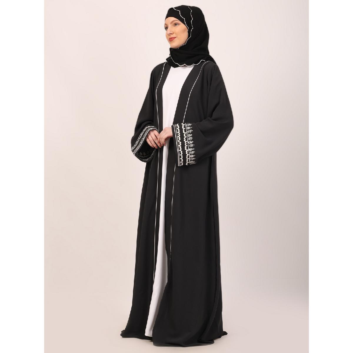 Embroidery Shrug with sleeveless inner abaya-Dark Grey-white image 8