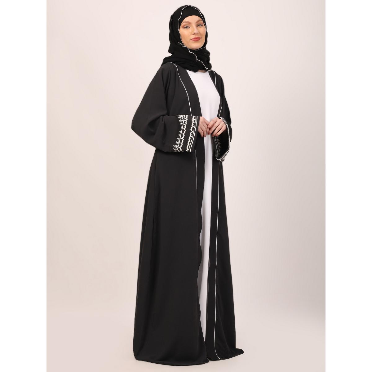 Embroidery Shrug with sleeveless inner abaya-Dark Grey-white image 9