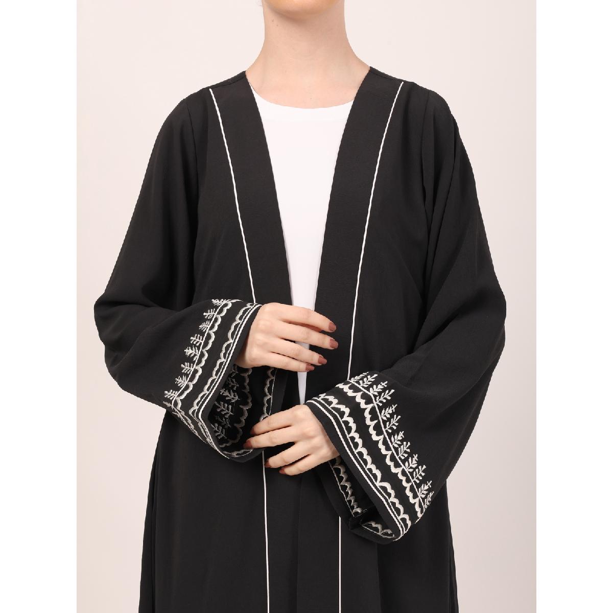 Embroidery Shrug with sleeveless inner abaya-Dark Grey-white image 11