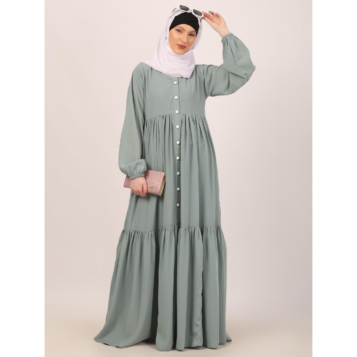 Fashionable Buttons with chest open design abaya-Sky Blue image 4