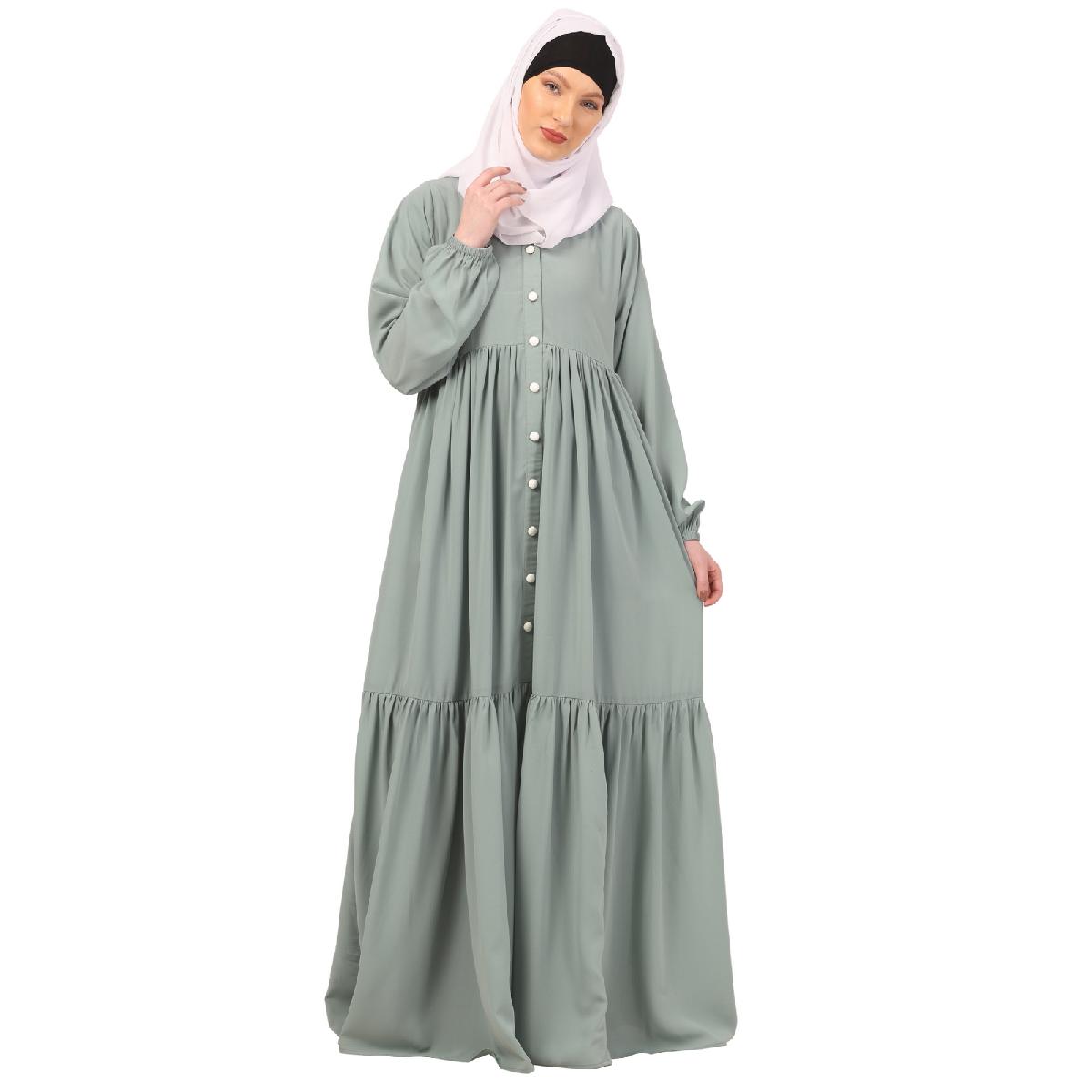 Fashionable Buttons with chest open design abaya-Sky Blue image 5