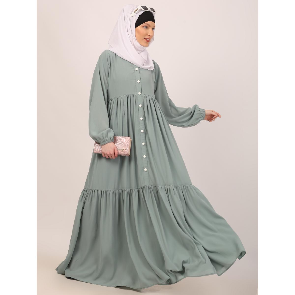 Fashionable Buttons with chest open design abaya-Sky Blue image 7