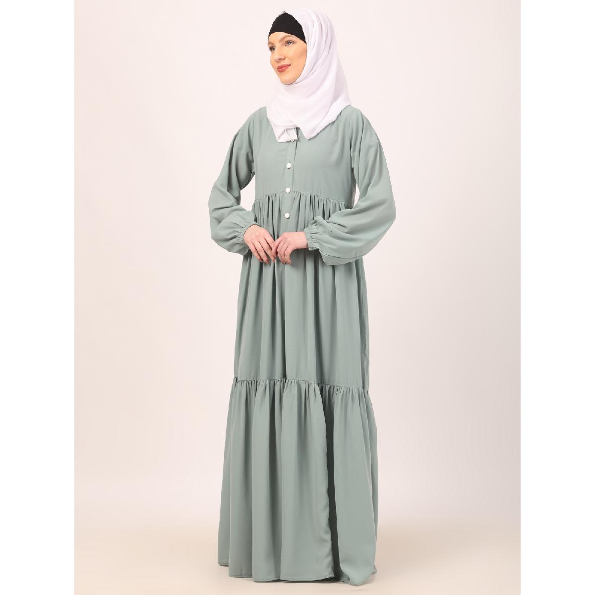 Fashionable Buttons with chest open design abaya-Sky Blue image 9