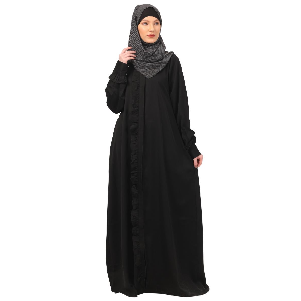 Front open shirt collar abaya-Black image 3