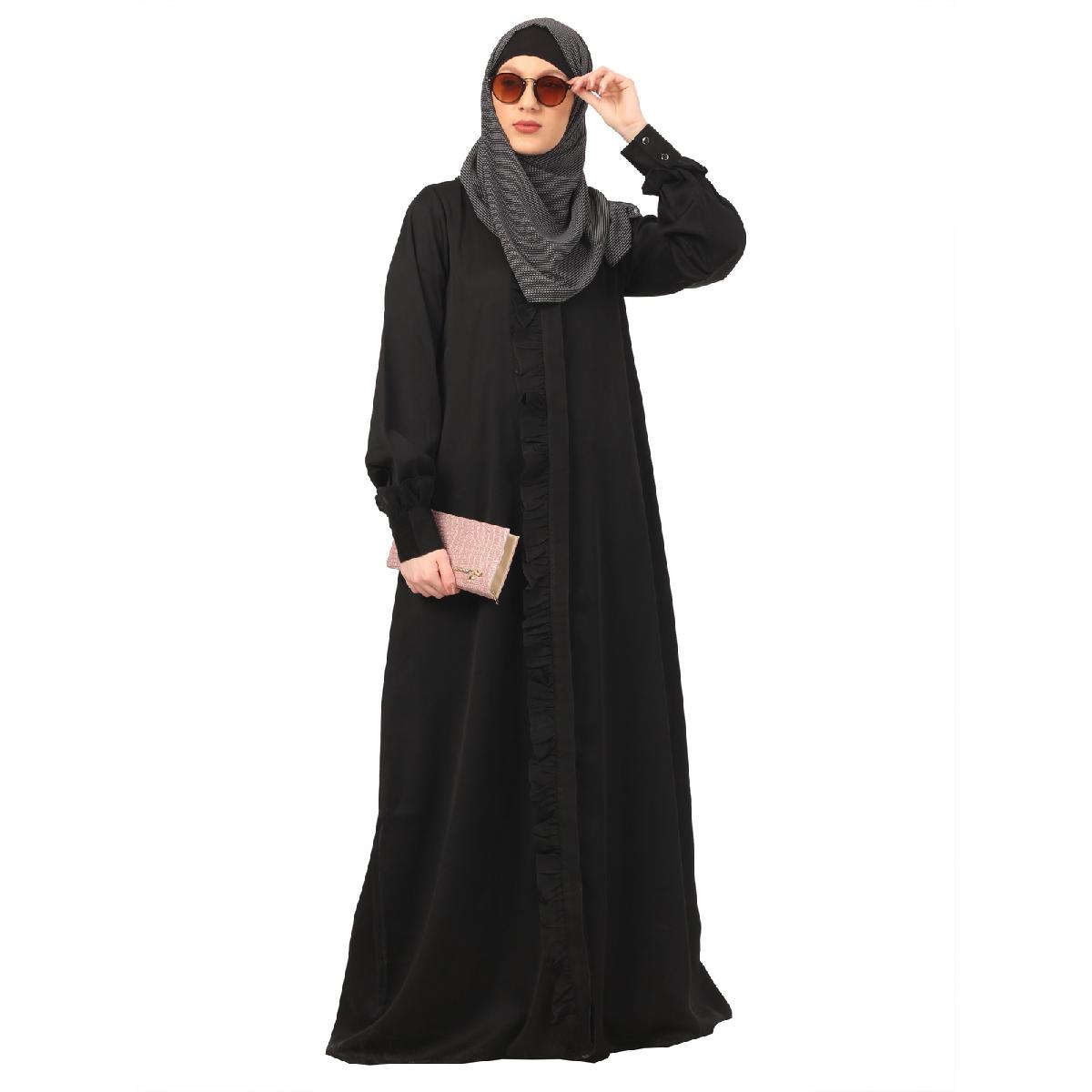 Front open shirt collar abaya-Black image 6