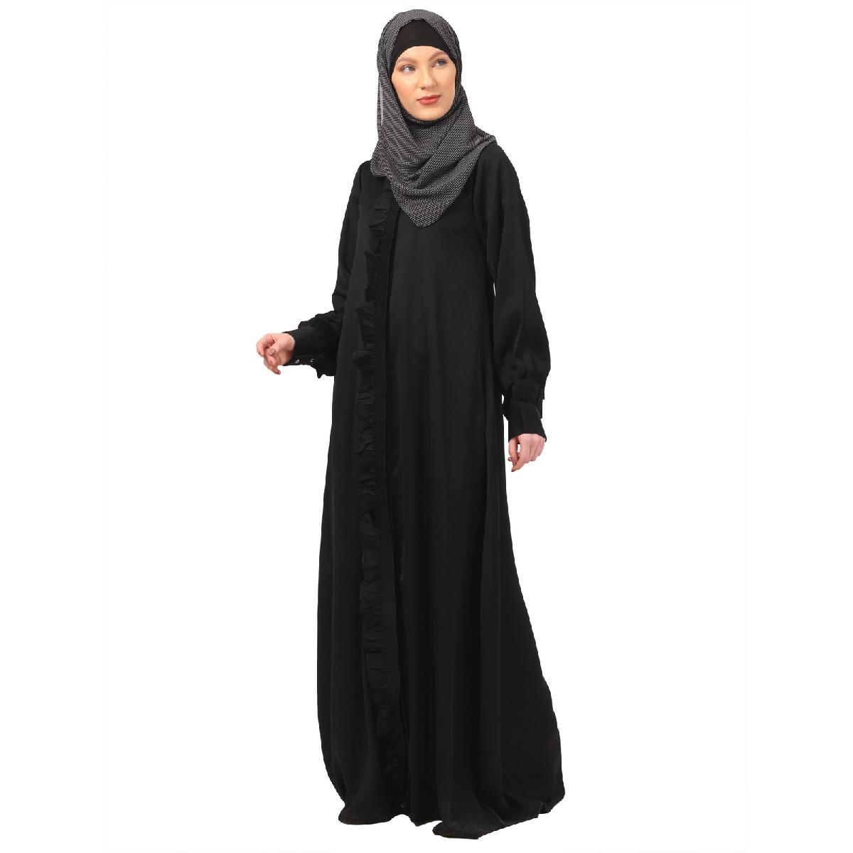 Front open shirt collar abaya-Black image 8