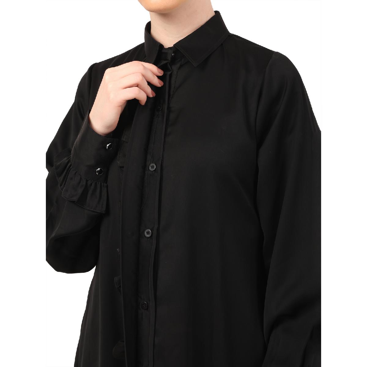 Front open shirt collar abaya-Black image 10