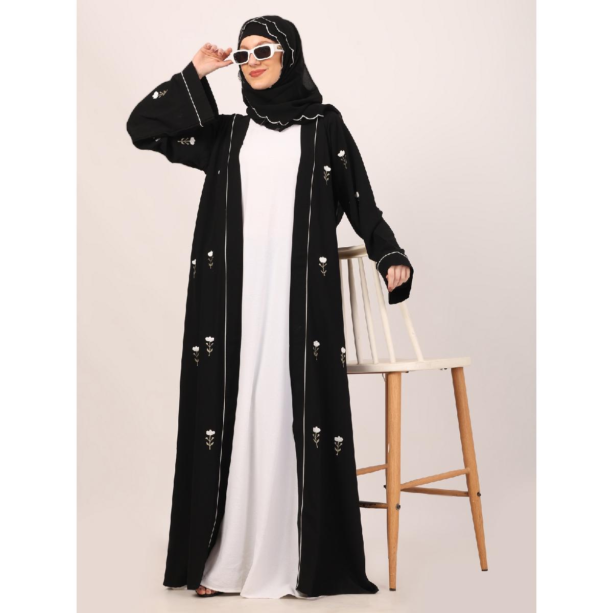 Layered abaya with embroidery work-Black-White image 3