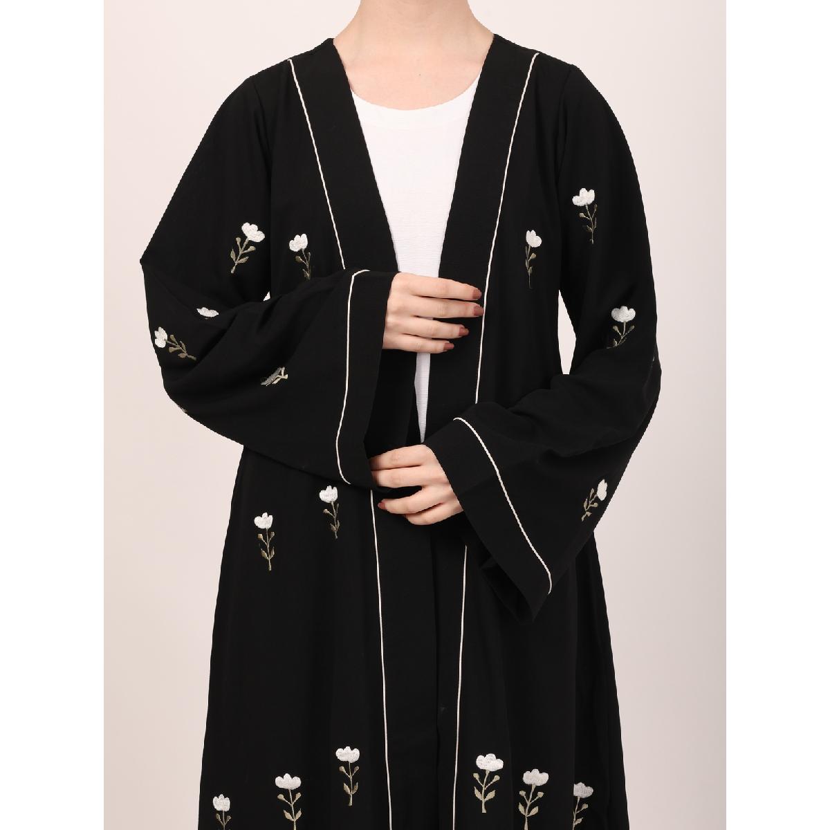 Layered abaya with embroidery work-Black-White image 12
