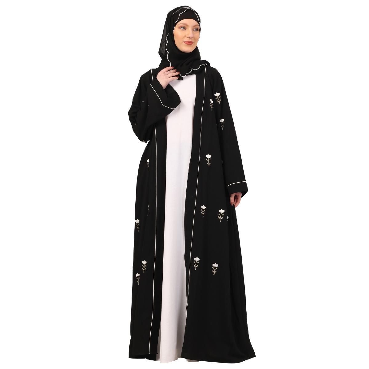 Layered abaya with embroidery work-Black-White image 16