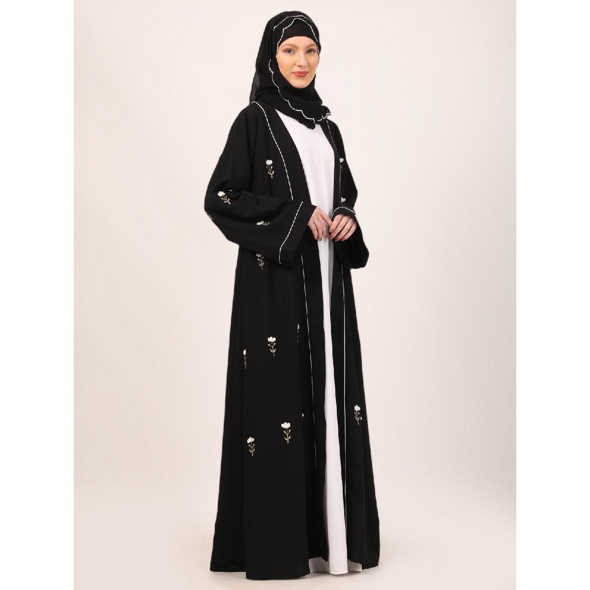 Layered abaya with embroidery work-Black-White image 17