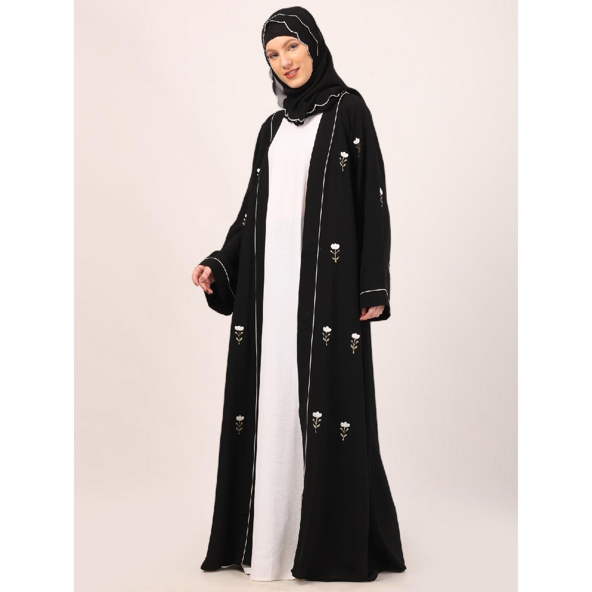 Layered abaya with embroidery work-Black-White image 18