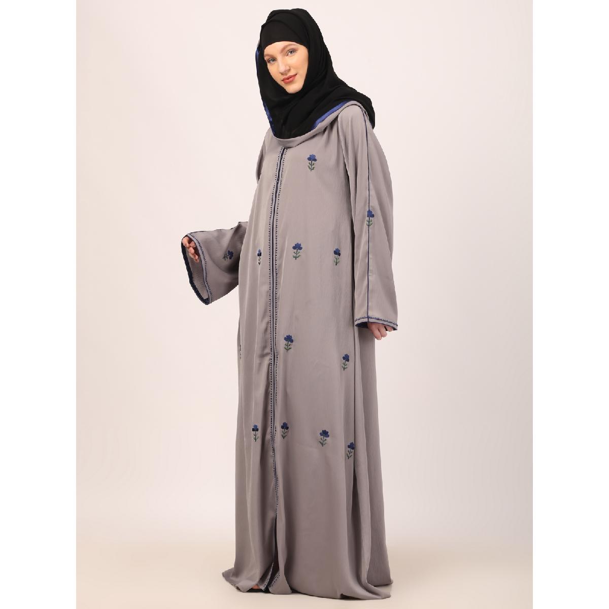 Tik Tok Luxury fabric abaya with embroidery work-Light Grey image 6