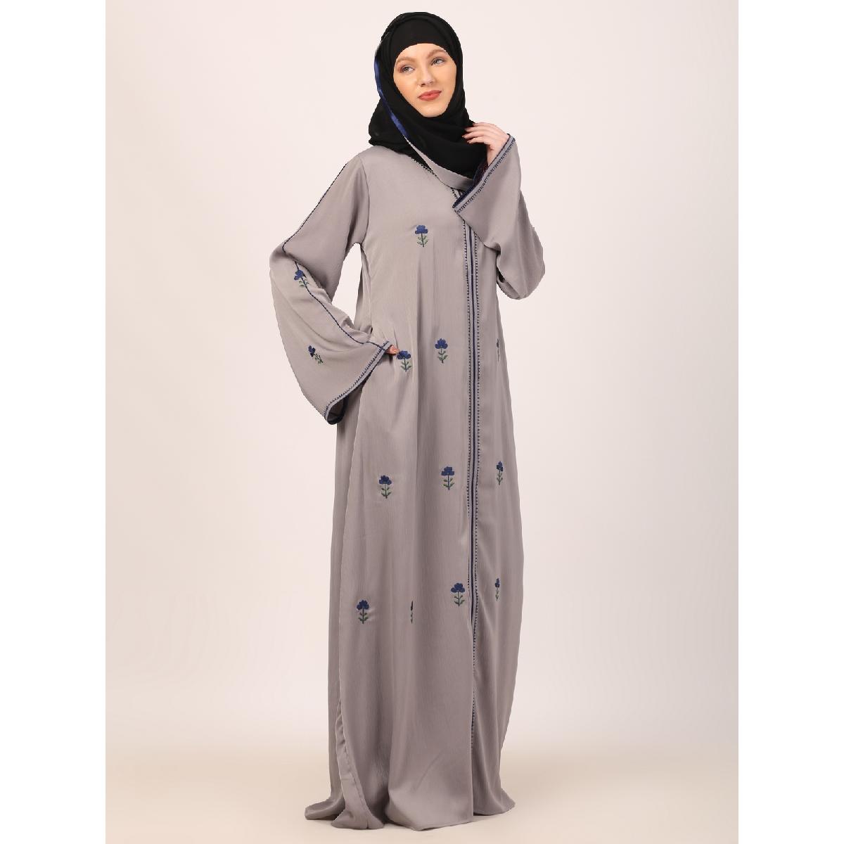 Tik Tok Luxury fabric abaya with embroidery work-Light Grey image 8