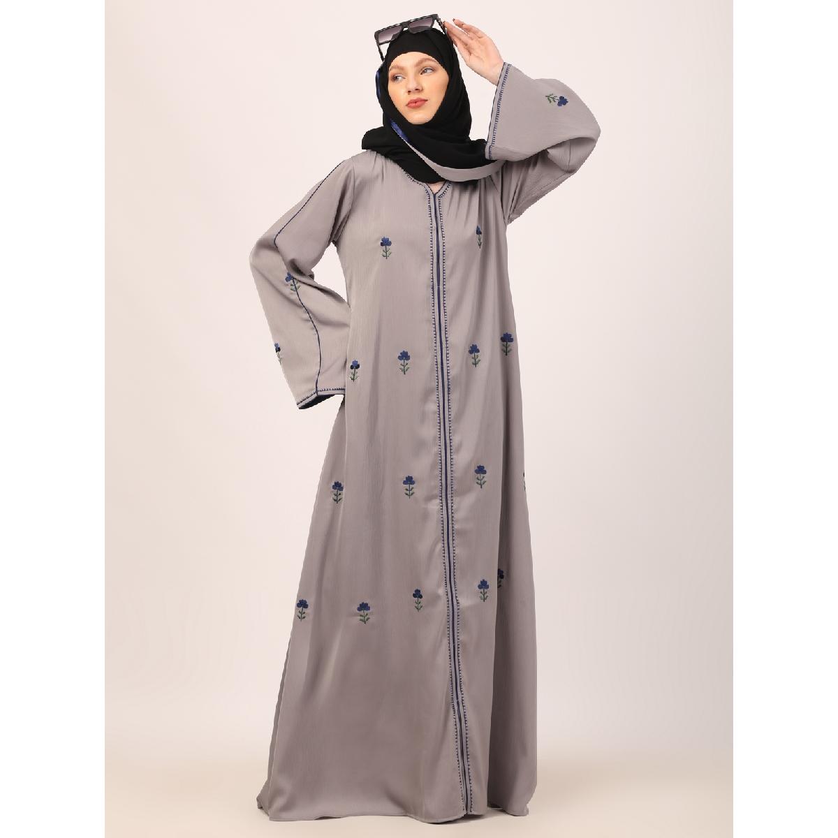 Tik Tok Luxury fabric abaya with embroidery work-Light Grey image 10