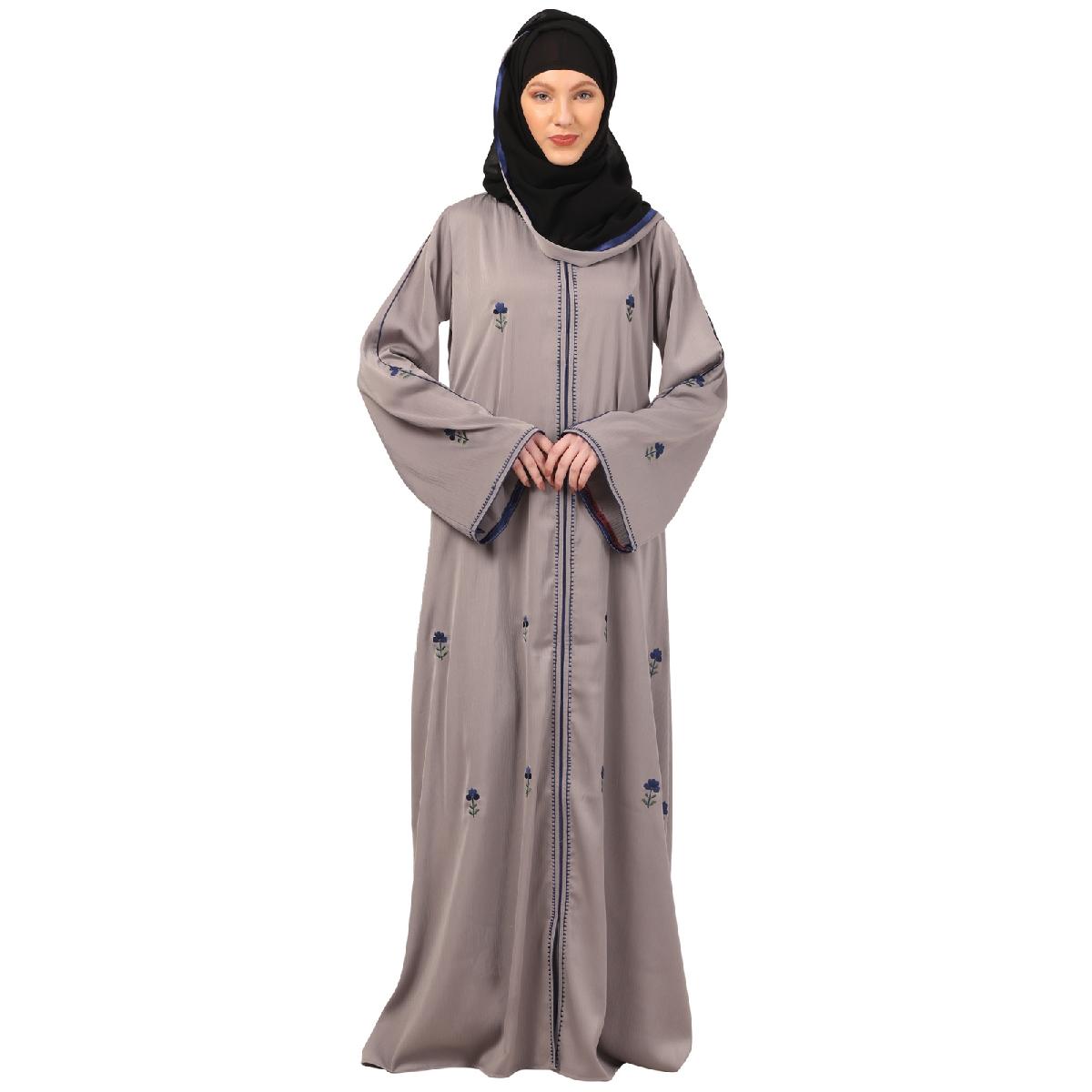 Tik Tok Luxury fabric abaya with embroidery work-Light Grey
