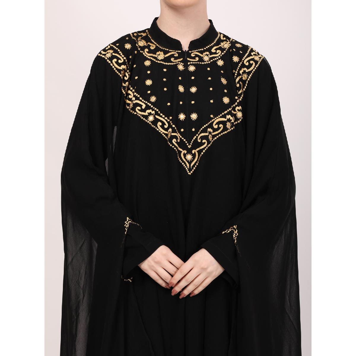 Two layered Kaftan cum abaya with embroidery work-Black image 12