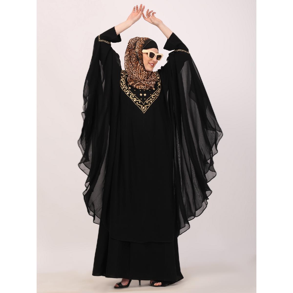 Two layered Kaftan cum abaya with embroidery work-Black image 16