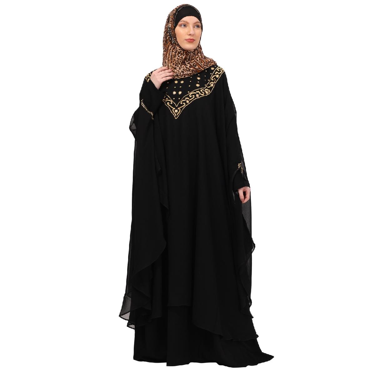 Two layered Kaftan cum abaya with embroidery work-Black image 4