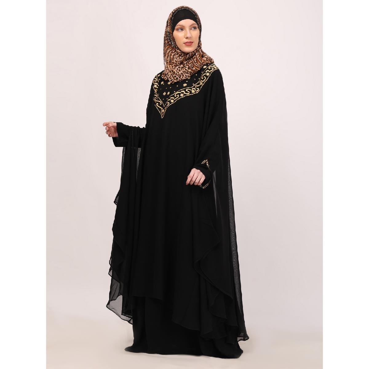 Two layered Kaftan cum abaya with embroidery work-Black image 7