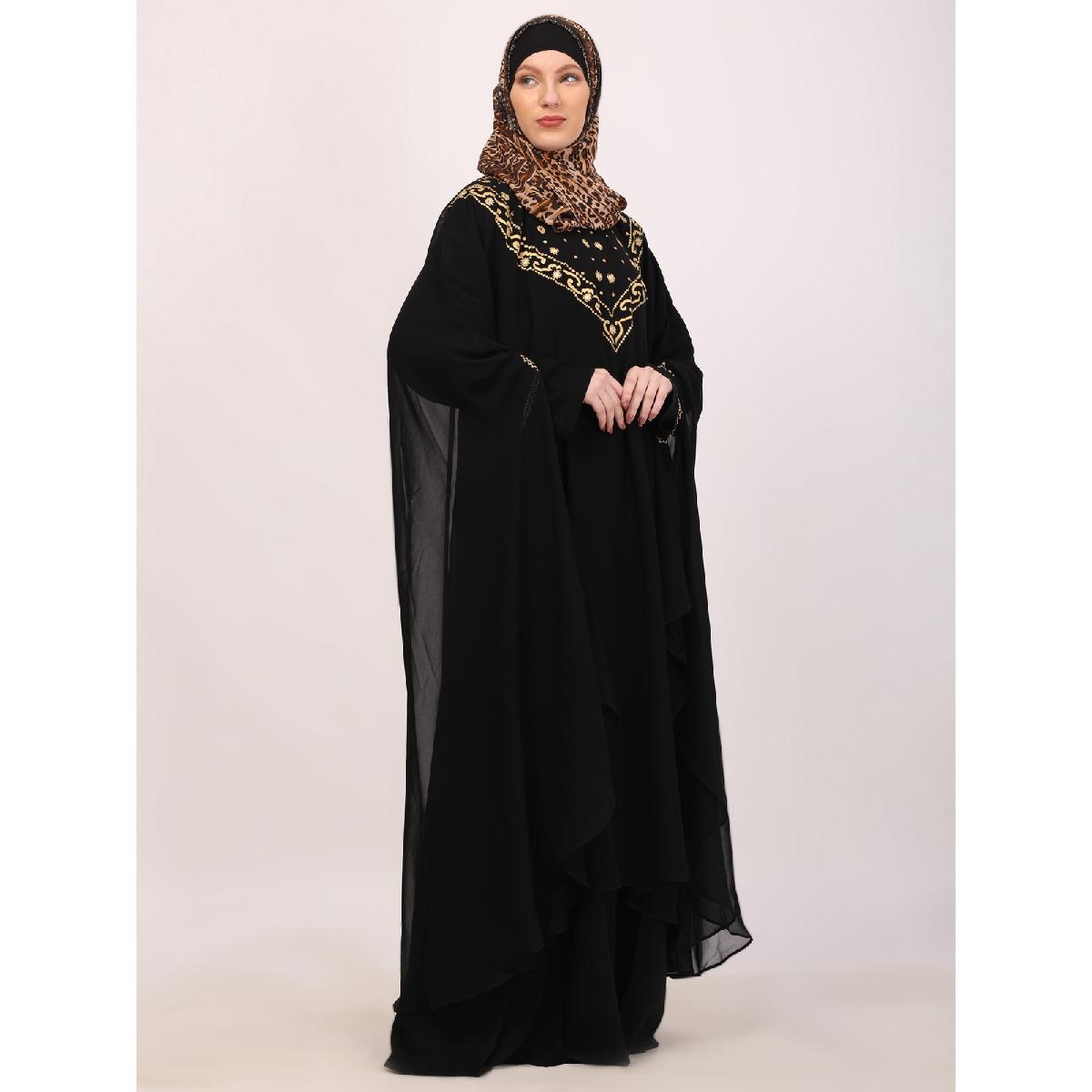 Two layered Kaftan cum abaya with embroidery work-Black image 9